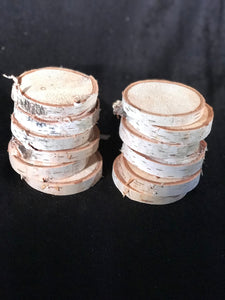 White Birch slices, 12 count, approximately 2 1/2 inches diameter and about 1/2 inch thick