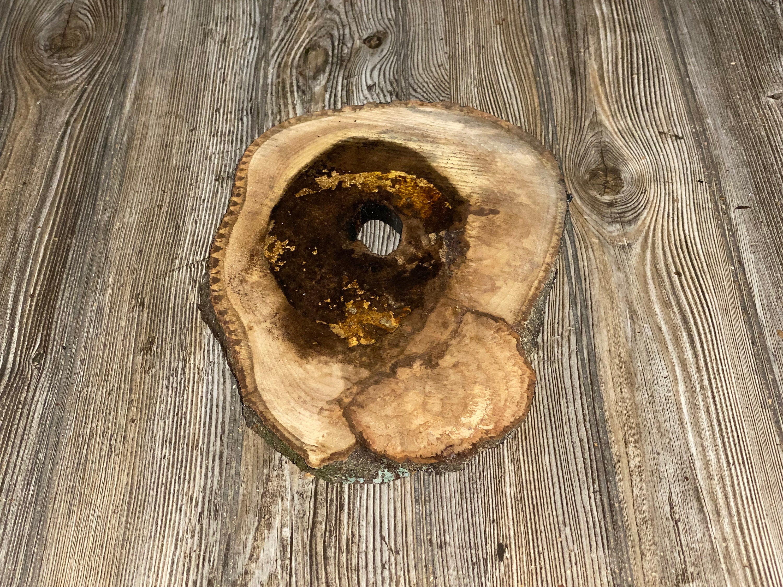 Hickory Burl Slice With Natural Hole, Approximately 11.5 Inches Long by 8.5 Inches Wide and 3/4 Inch Thick