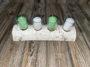 White Birch Candle Holder with Four Candles, Approximately 12 Inches Long by 4 Inches Wide and 2 Inches Tall