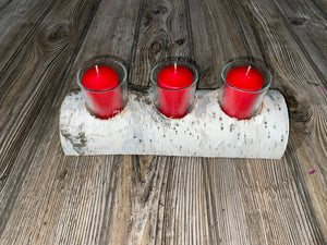 White Birch Candle Holder With Three Candles, Approximately 10 Inches Long by 4 Inches Wide and 2 Inches Tall