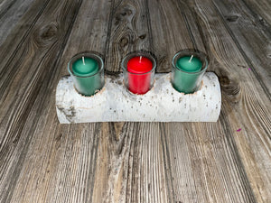 White Birch Candle Holder With Three Candles, Approximately 10 Inches Long by 4 Inches Wide and 2 Inches Tall