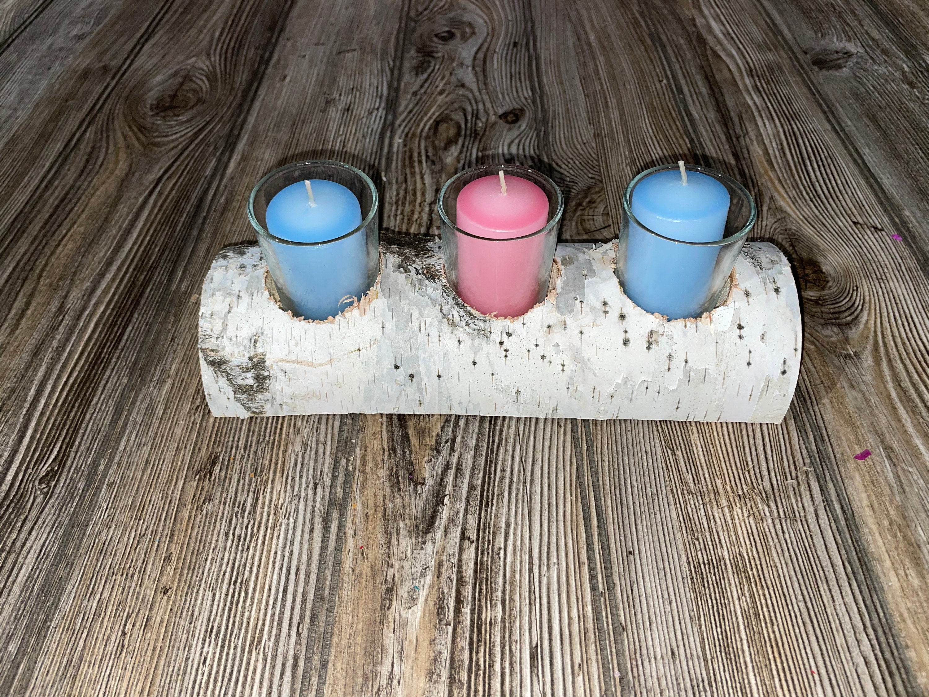 White Birch Candle Holder With Three Candles, Approximately 10 Inches Long by 4 Inches Wide and 2 Inches Tall