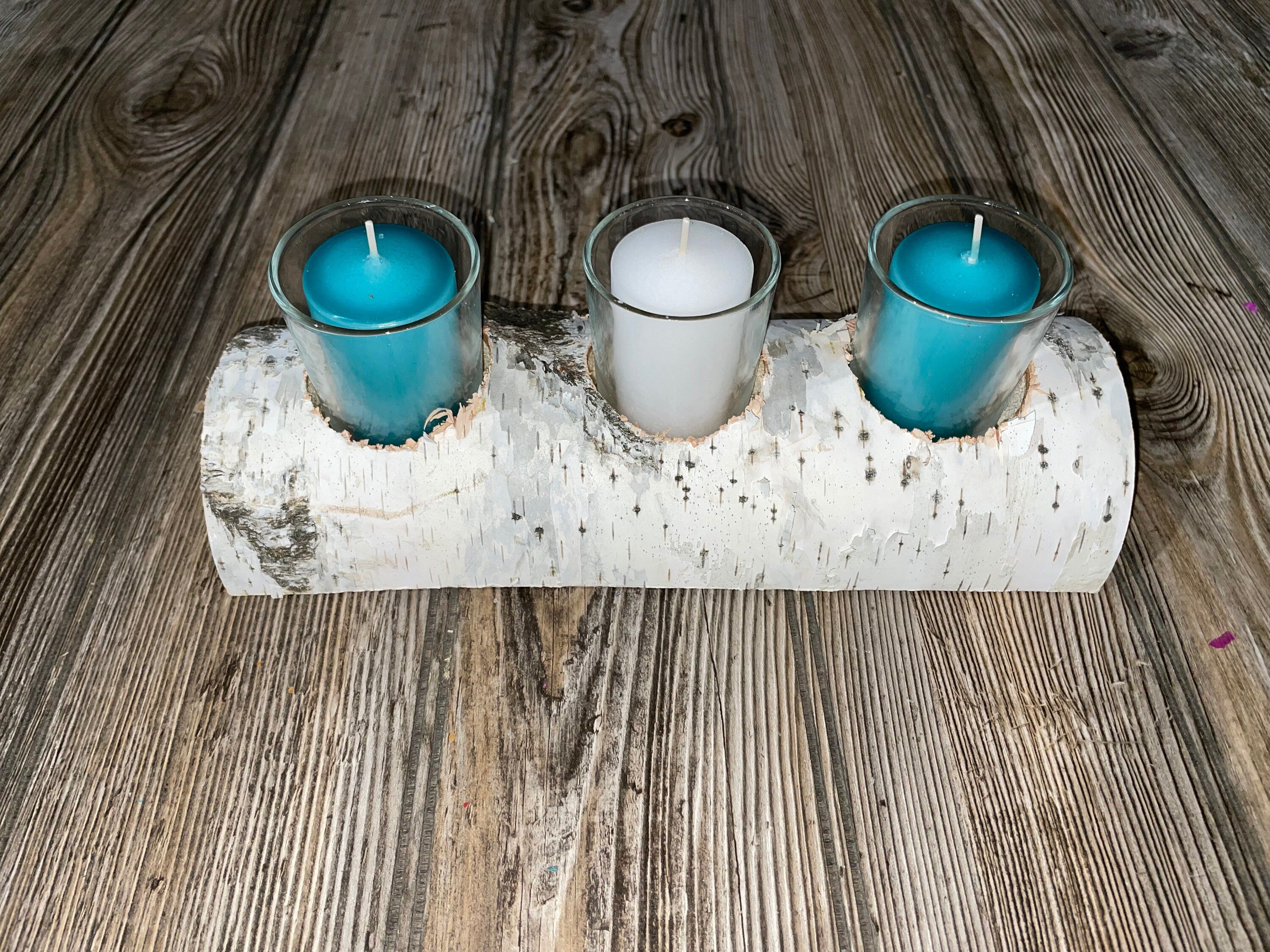 White Birch Candle Holder With Three Candles, Approximately 10 Inches Long by 4 Inches Wide and 2 Inches Tall