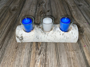 White Birch Candle Holder With Three Candles, Approximately 10 Inches Long by 4 Inches Wide and 2 Inches Tall