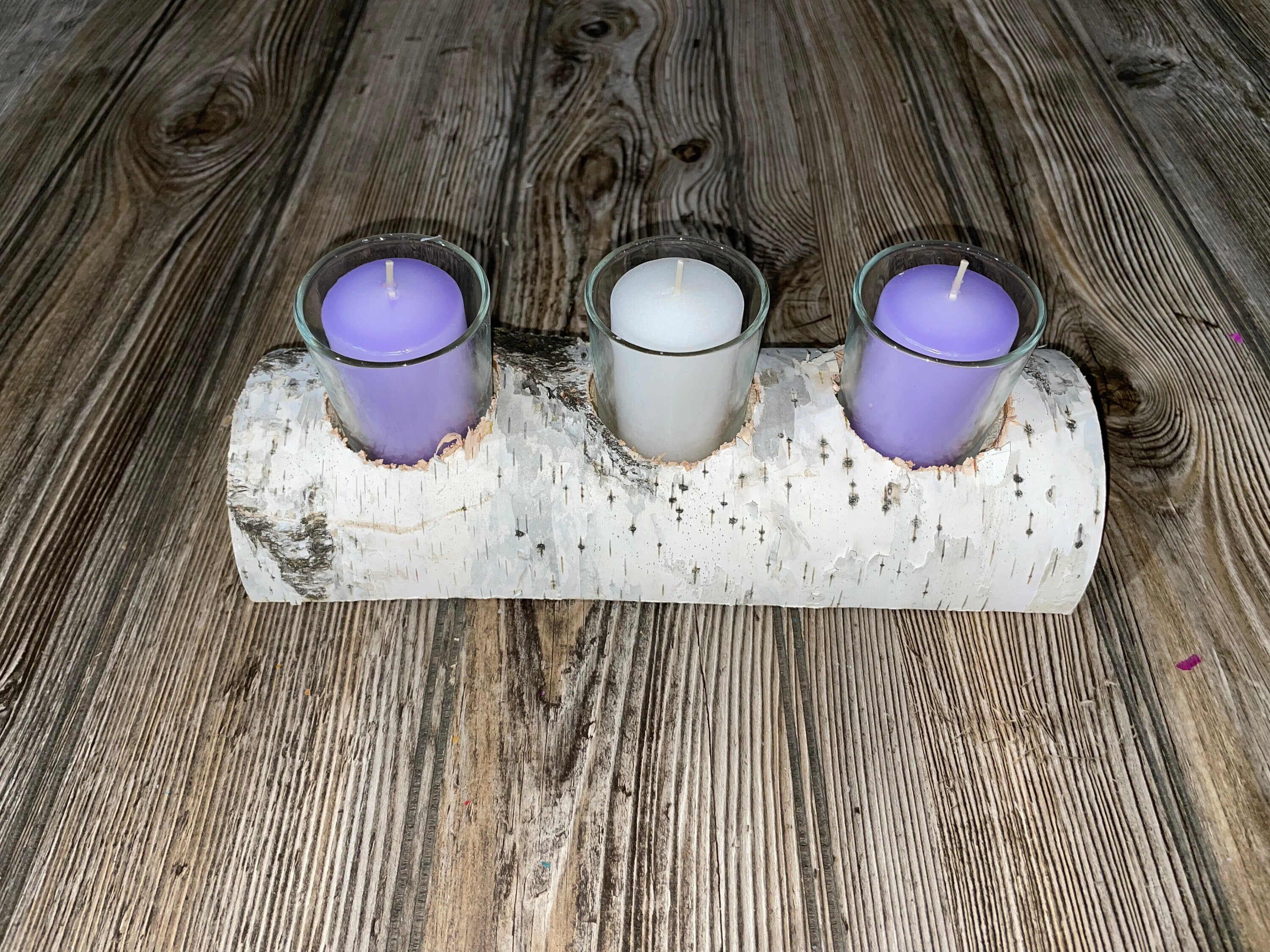 White Birch Candle Holder With Three Candles, Approximately 10 Inches Long by 4 Inches Wide and 2 Inches Tall