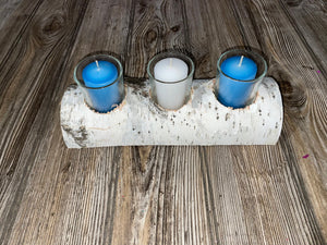 White Birch Candle Holder With Three Candles, Approximately 10 Inches Long by 4 Inches Wide and 2 Inches Tall