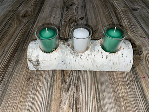 White Birch Candle Holder With Three Candles, Approximately 10 Inches Long by 4 Inches Wide and 2 Inches Tall