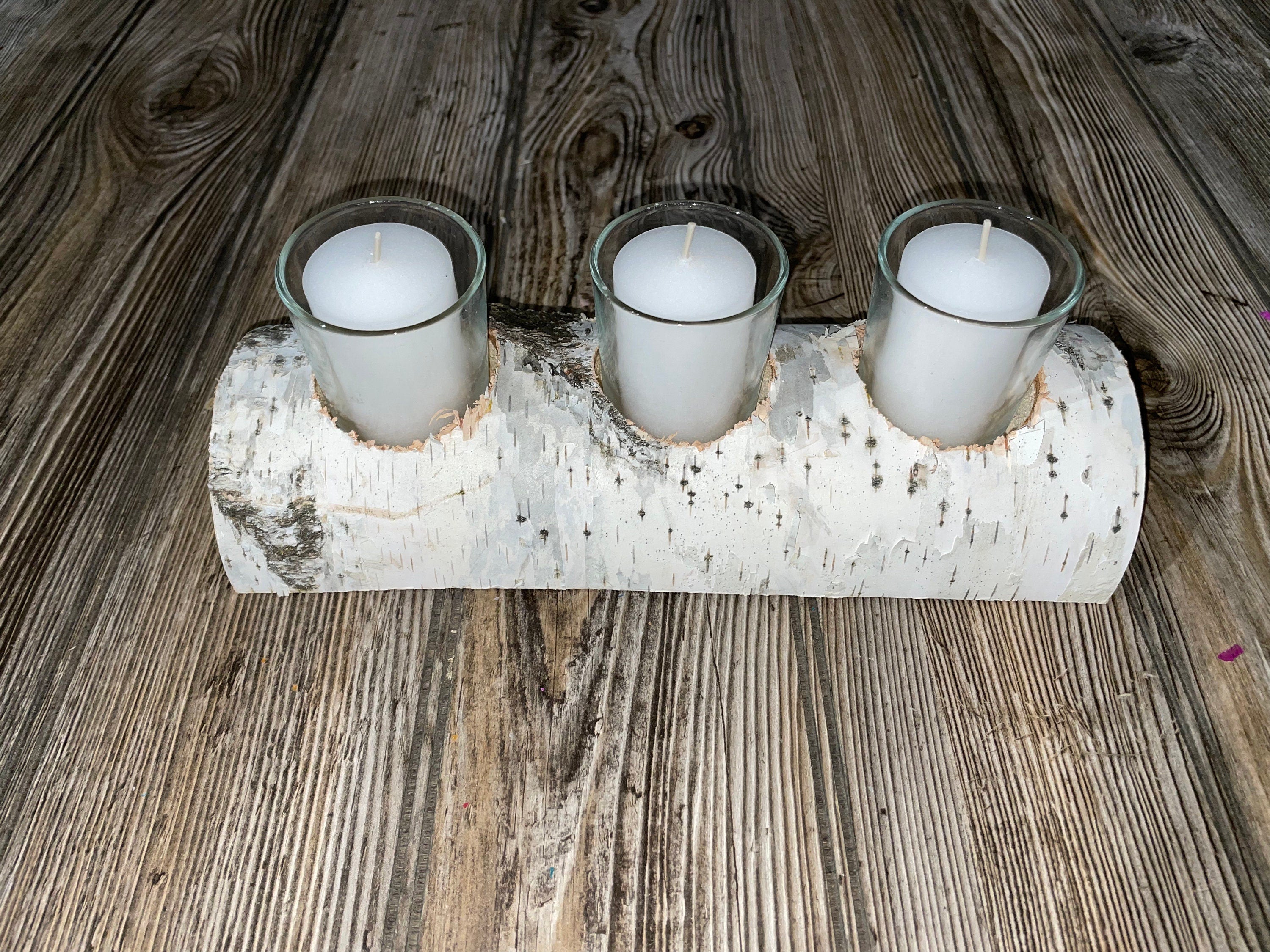 White Birch Candle Holder With Three Candles, Approximately 10 Inches Long by 4 Inches Wide and 2 Inches Tall