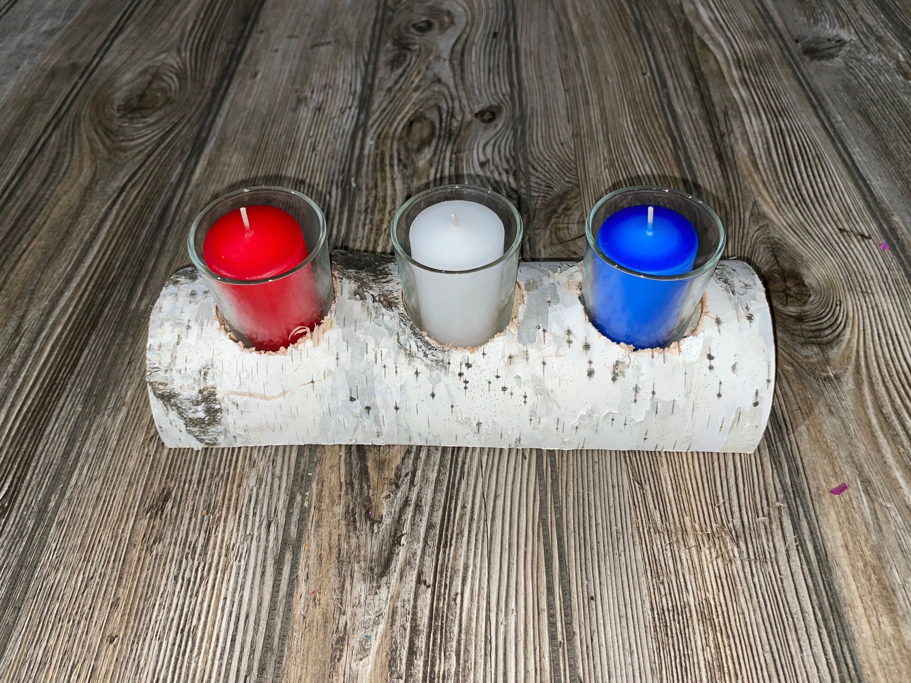 White Birch Candle Holder With Three Candles, Approximately 10 Inches Long by 4 Inches Wide and 2 Inches Tall