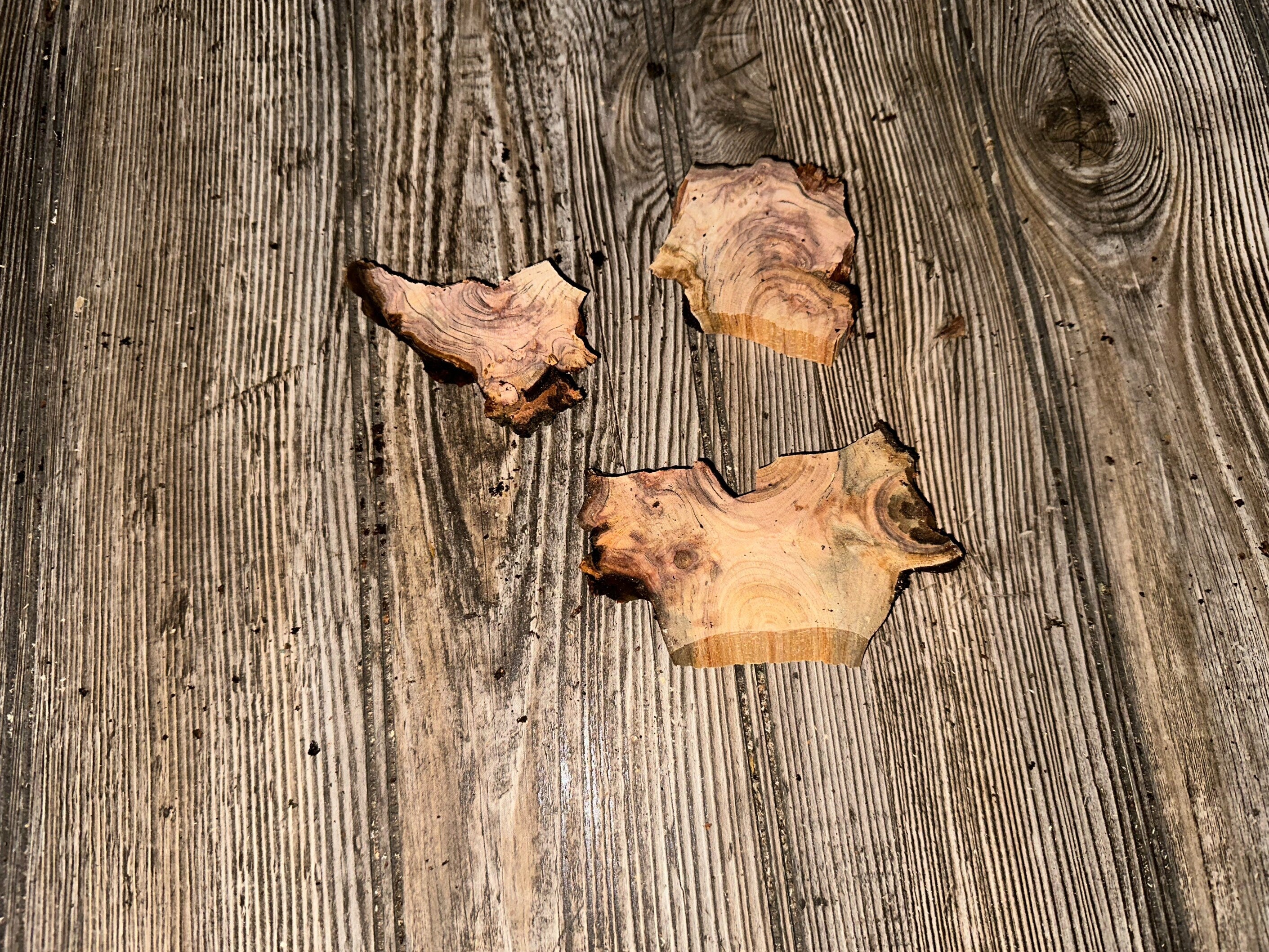 Three Shattered Cherry Burl Slices, Approximately 3-4 Inches Long by 2 Inches Wide and 1/2 Inch Thick
